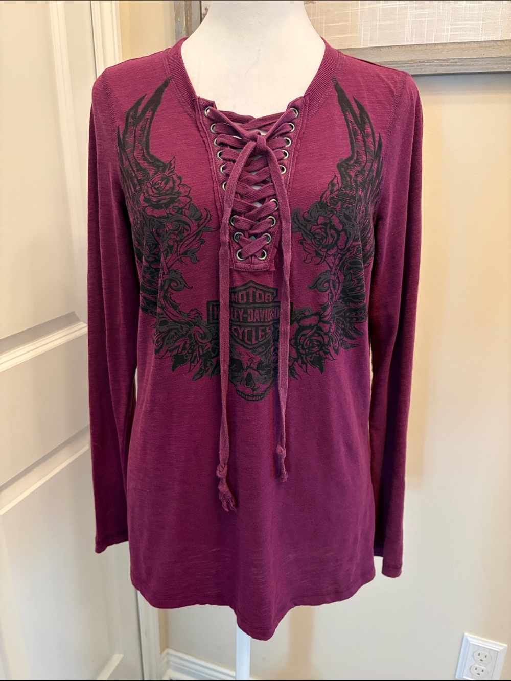 Harley-Davidson Women's Lace-Up Long Sleeve Top - Burgundy with Black Graphic M
